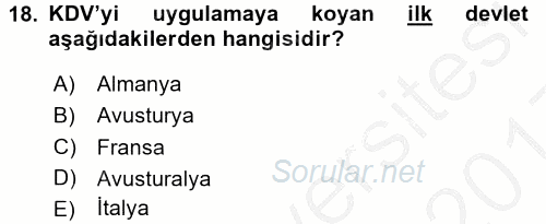 Uluslararası Kamu Maliyesi 2016 - 2017 3 Ders Sınavı 18.Soru