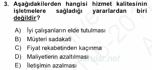Konaklama Hizmetlerinde Kalite Yönetimi 2016 - 2017 Ara Sınavı 3.Soru