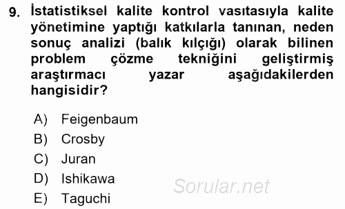 Konaklama Hizmetlerinde Kalite Yönetimi 2016 - 2017 Ara Sınavı 9.Soru