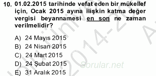 Özel Vergi Hukuku 2 2014 - 2015 Ara Sınavı 10.Soru