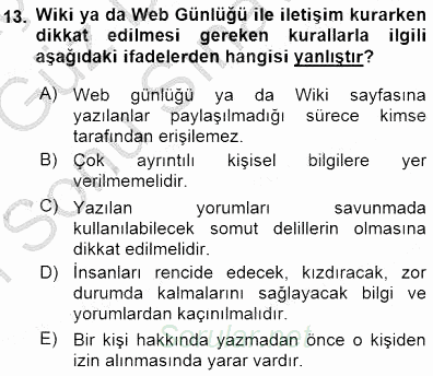 İletişim Bilgisi 2015 - 2016 Dönem Sonu Sınavı 13.Soru