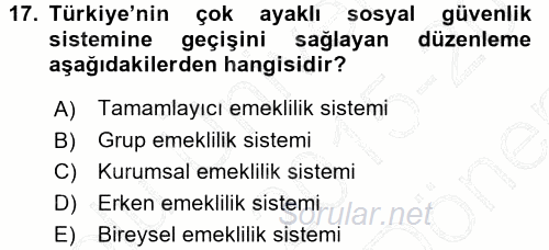 Sosyal Güvenlik 2015 - 2016 Dönem Sonu Sınavı 17.Soru