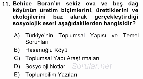 Türk Sosyologları 2015 - 2016 Dönem Sonu Sınavı 11.Soru