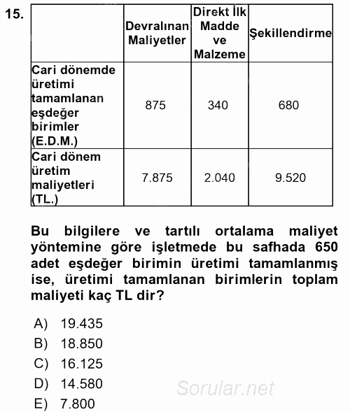 Maliyet Muhasebesi 2017 - 2018 3 Ders Sınavı 15.Soru