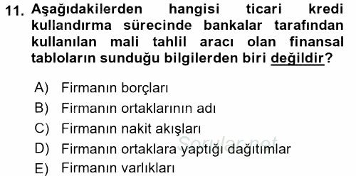 Bankalarda Kredi Yönetimi 2016 - 2017 Ara Sınavı 11.Soru