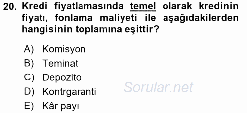 Bankalarda Kredi Yönetimi 2016 - 2017 Ara Sınavı 20.Soru
