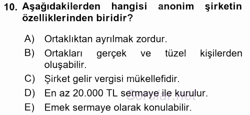 Şirketler Muhasebesi 2015 - 2016 Tek Ders Sınavı 10.Soru
