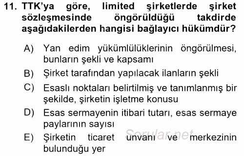 Şirketler Muhasebesi 2015 - 2016 Tek Ders Sınavı 11.Soru