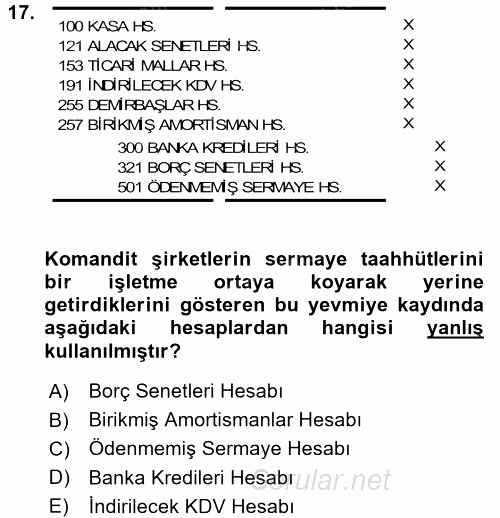 Şirketler Muhasebesi 2015 - 2016 Tek Ders Sınavı 17.Soru