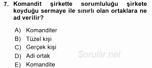 Şirketler Muhasebesi 2015 - 2016 Tek Ders Sınavı 7.Soru