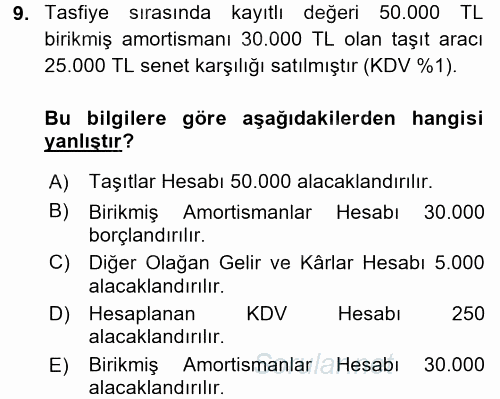 Şirketler Muhasebesi 2015 - 2016 Tek Ders Sınavı 9.Soru
