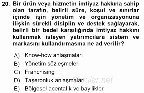 Stratejik Yönetim 1 2017 - 2018 Dönem Sonu Sınavı 20.Soru