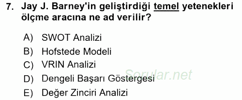 Stratejik Yönetim 1 2017 - 2018 Dönem Sonu Sınavı 7.Soru