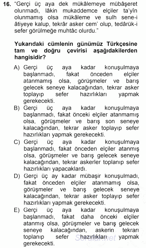 Osmanlı Türkçesi Metinleri 1 2012 - 2013 Dönem Sonu Sınavı 16.Soru