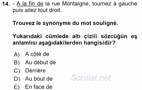 Fransızca 2 2015 - 2016 Ara Sınavı 14.Soru