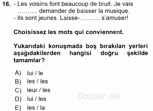 Fransızca 2 2015 - 2016 Ara Sınavı 16.Soru