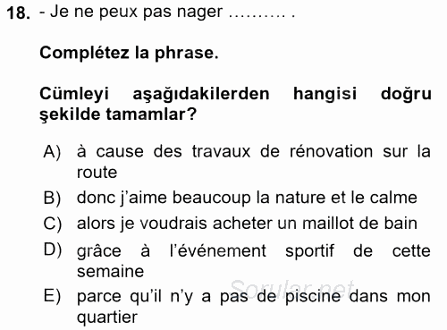 Fransızca 2 2015 - 2016 Ara Sınavı 18.Soru