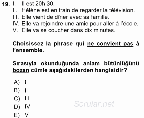 Fransızca 2 2015 - 2016 Ara Sınavı 19.Soru