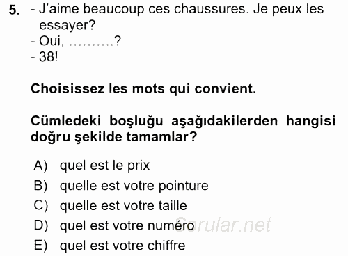Fransızca 2 2015 - 2016 Ara Sınavı 5.Soru