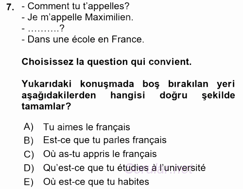 Fransızca 2 2015 - 2016 Ara Sınavı 7.Soru