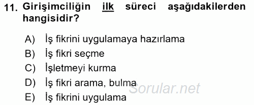 Girişimcilik ve İş Kurma 2016 - 2017 Ara Sınavı 11.Soru