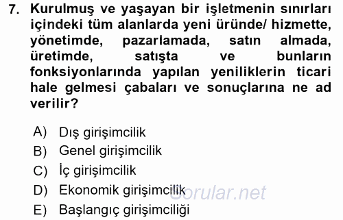 Girişimcilik ve İş Kurma 2016 - 2017 Ara Sınavı 7.Soru