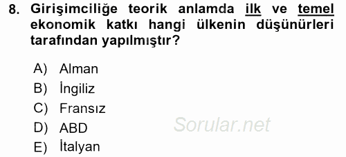 Girişimcilik ve İş Kurma 2016 - 2017 Ara Sınavı 8.Soru