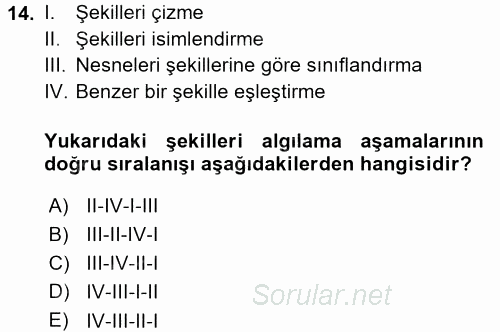 Okulöncesinde Matematik Eğitimi 2015 - 2016 Dönem Sonu Sınavı 14.Soru