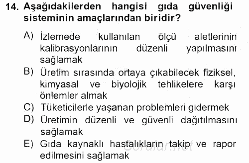 Gıda Güvenliğinin Temel Prensipleri 2012 - 2013 Dönem Sonu Sınavı 14.Soru