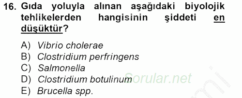 Gıda Güvenliğinin Temel Prensipleri 2012 - 2013 Dönem Sonu Sınavı 16.Soru