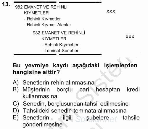 Banka Ve Sigorta Muhasebesi 2012 - 2013 Ara Sınavı 13.Soru