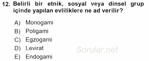 Sosyolojiye Giriş 2017 - 2018 Dönem Sonu Sınavı 12.Soru