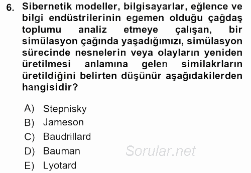 Sosyolojiye Giriş 2017 - 2018 Dönem Sonu Sınavı 6.Soru