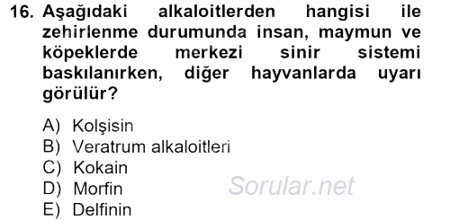 Temel Veteriner Farmakoloji ve Toksikoloji 2013 - 2014 Tek Ders Sınavı 16.Soru