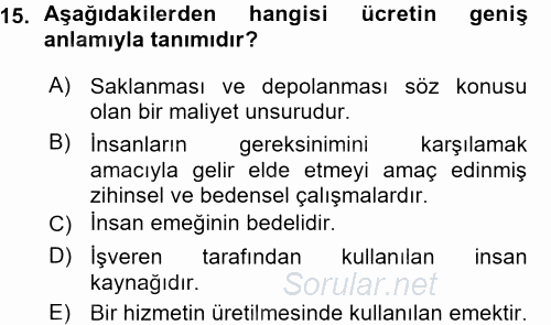 Maliyet Muhasebesi 2015 - 2016 Ara Sınavı 15.Soru