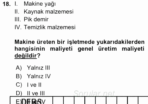 Maliyet Muhasebesi 2015 - 2016 Ara Sınavı 18.Soru
