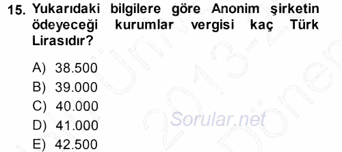 Muhasebe Uygulamaları 2013 - 2014 Dönem Sonu Sınavı 15.Soru