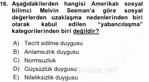 Toplumsal Yaşamda Aile 2015 - 2016 Ara Sınavı 16.Soru
