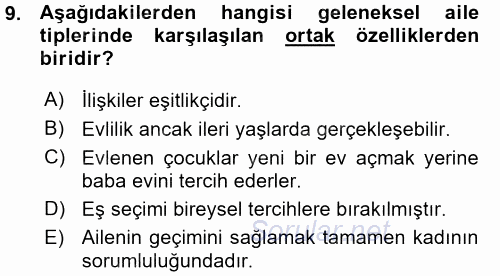 Toplumsal Yaşamda Aile 2015 - 2016 Ara Sınavı 9.Soru