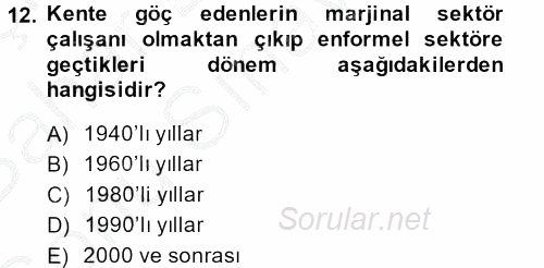 Kent Sosyolojisi 2013 - 2014 Dönem Sonu Sınavı 12.Soru