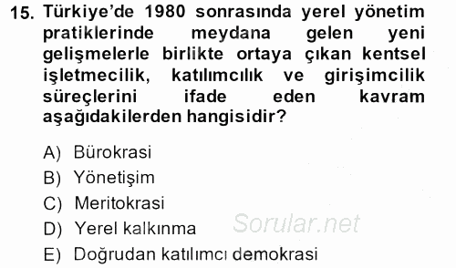 Kent Sosyolojisi 2013 - 2014 Dönem Sonu Sınavı 15.Soru