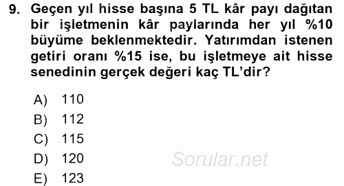 Finansal Yönetim 2 2017 - 2018 Ara Sınavı 9.Soru