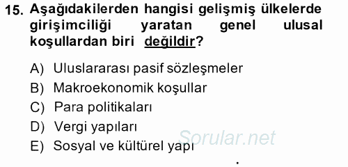 Girişimcilik 2013 - 2014 Dönem Sonu Sınavı 15.Soru