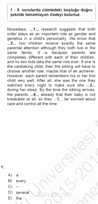 Bağlamsal Dilbilgisi 3 2015 - 2016 Dönem Sonu Sınavı 1.Soru