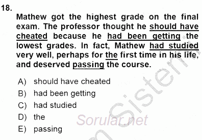 Bağlamsal Dilbilgisi 3 2015 - 2016 Dönem Sonu Sınavı 18.Soru