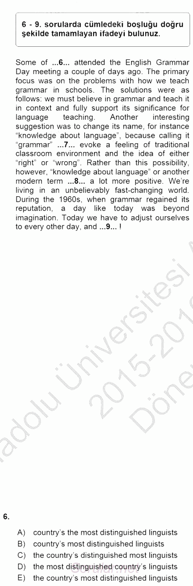 Bağlamsal Dilbilgisi 3 2015 - 2016 Dönem Sonu Sınavı 6.Soru