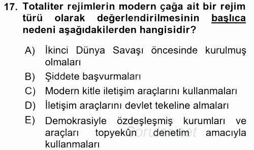 Karşılaştırmalı Siyasal Sistemler 2017 - 2018 3 Ders Sınavı 17.Soru