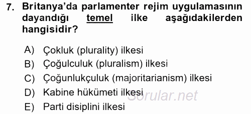 Karşılaştırmalı Siyasal Sistemler 2017 - 2018 3 Ders Sınavı 7.Soru