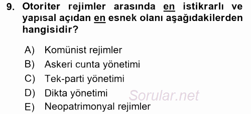 Karşılaştırmalı Siyasal Sistemler 2017 - 2018 3 Ders Sınavı 9.Soru