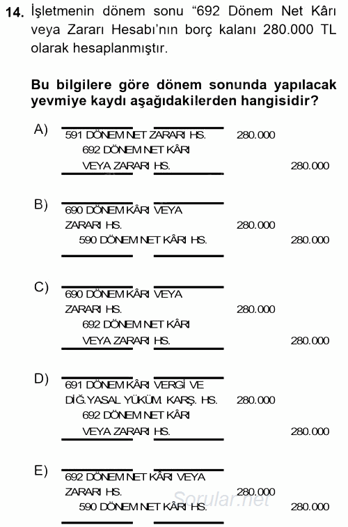 Genel Muhasebe 2 2015 - 2016 Dönem Sonu Sınavı 14.Soru